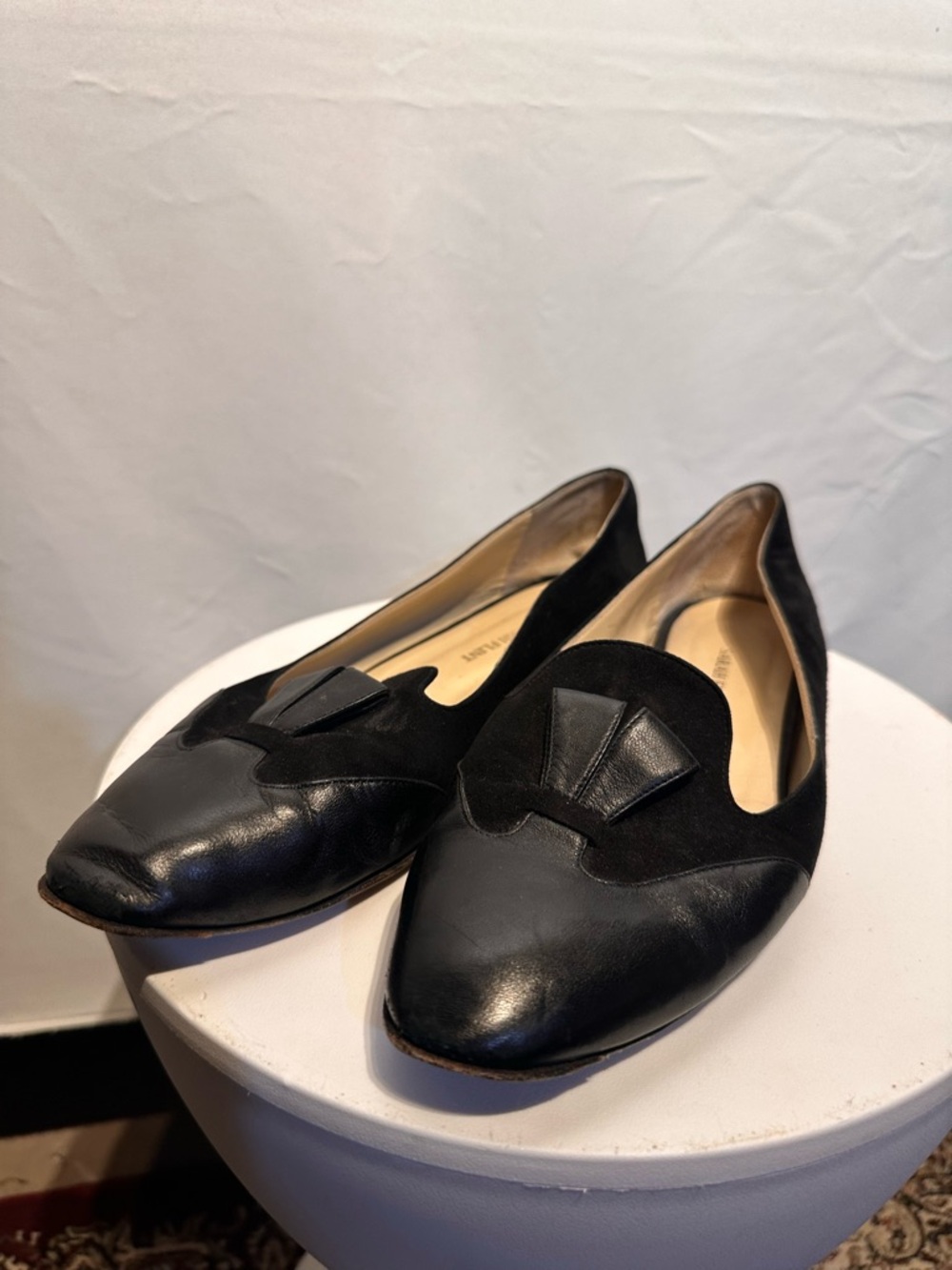 Sarah Flint Black Leather & Suede Penny Loafers